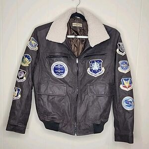 VTG Bradford Exchange Aviator Brown Leather Jacket  (Size M- XL) w/command patch